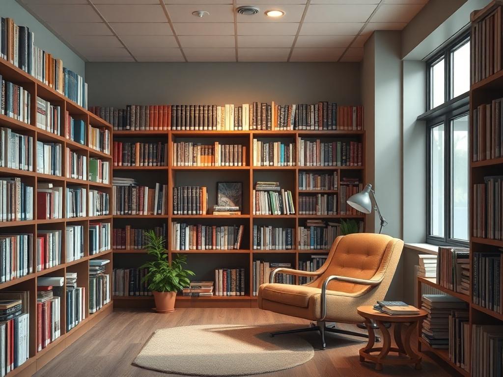 A peaceful library filled with books and research materials on