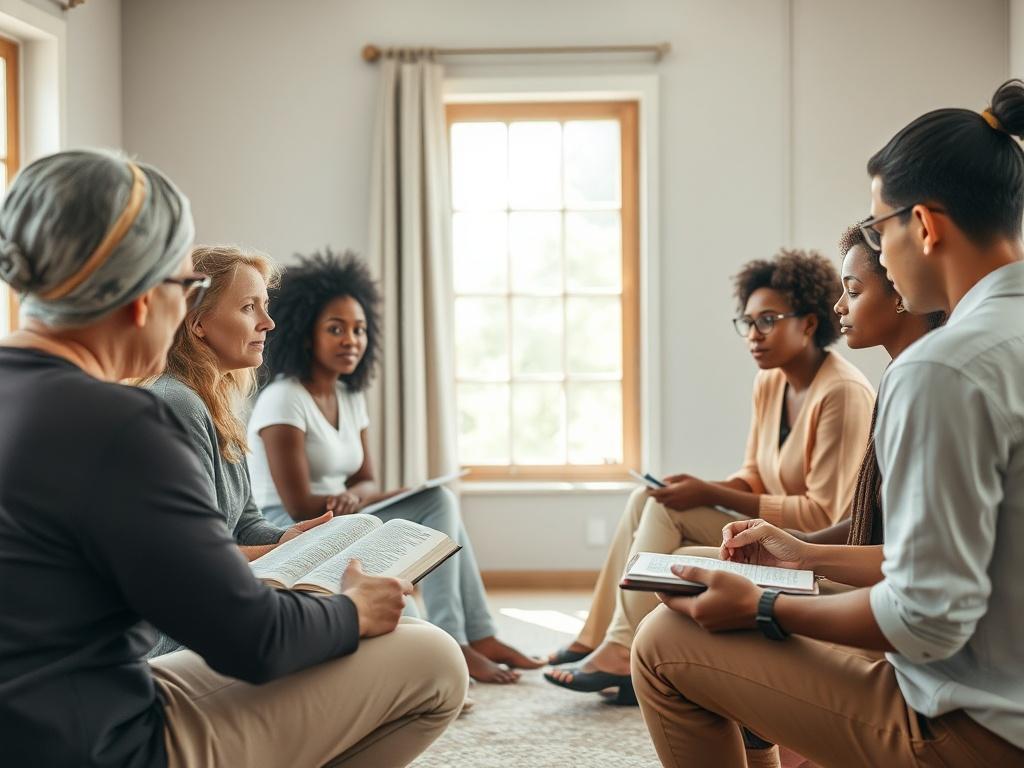 A serene setting depicting a group of diverse individuals engaged