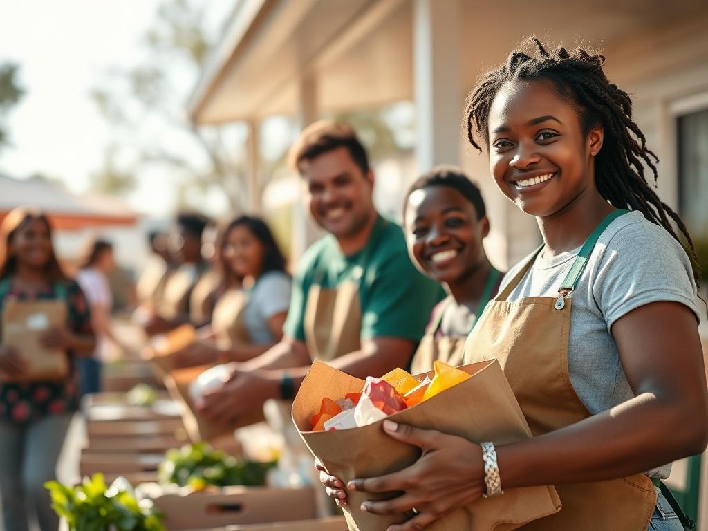 A vibrant community event showcasing volunteers working together on a