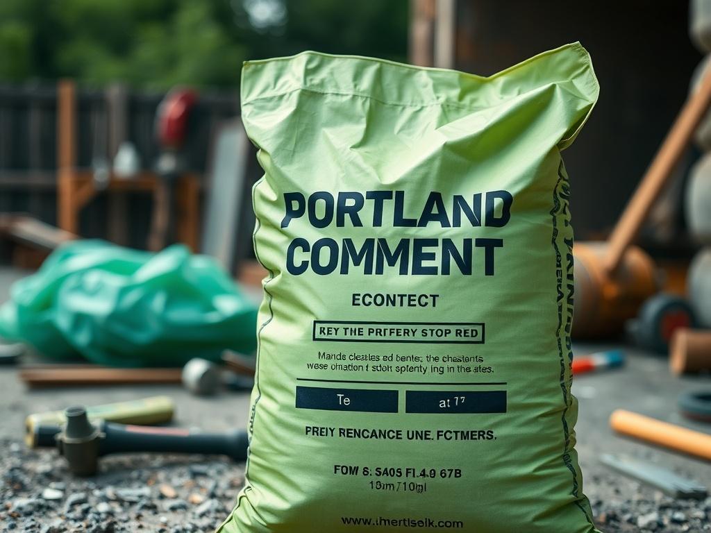 A close up shot of a bag of Portland cement,