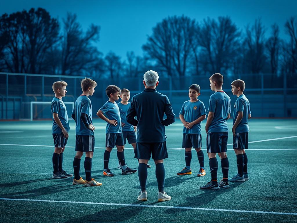 A high resolution image of a youth football coach leading