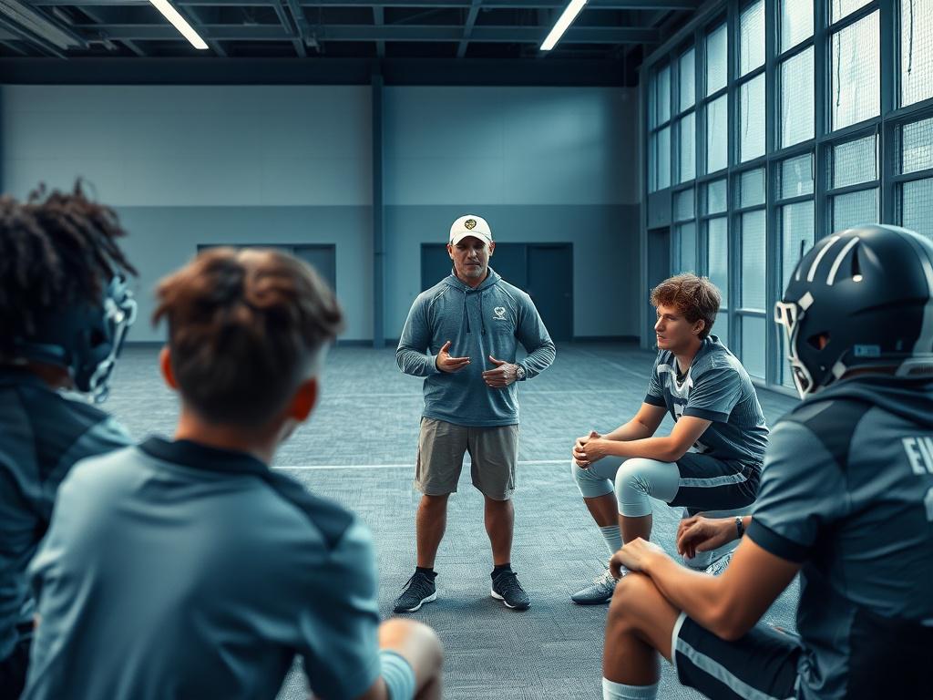 A high resolution image of a football coach leading a