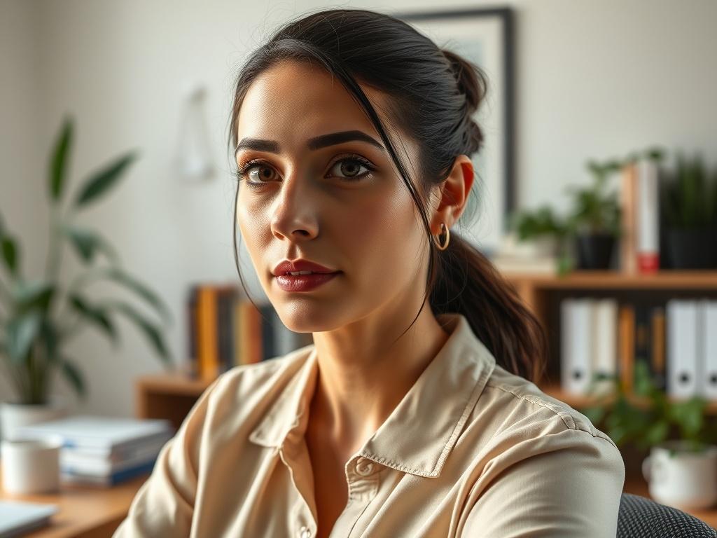 Close-up shot of a professional psychologist in an office setting, looking engaged and empathetic. The psychologist is a woman in her 30s, with dark hair tied back, wearing a light blouse. The background features a well-organized desk with books and plants, creating a warm and inviting atmosphere. The lighting is soft and natural, enhancing the welcoming feel of the space.