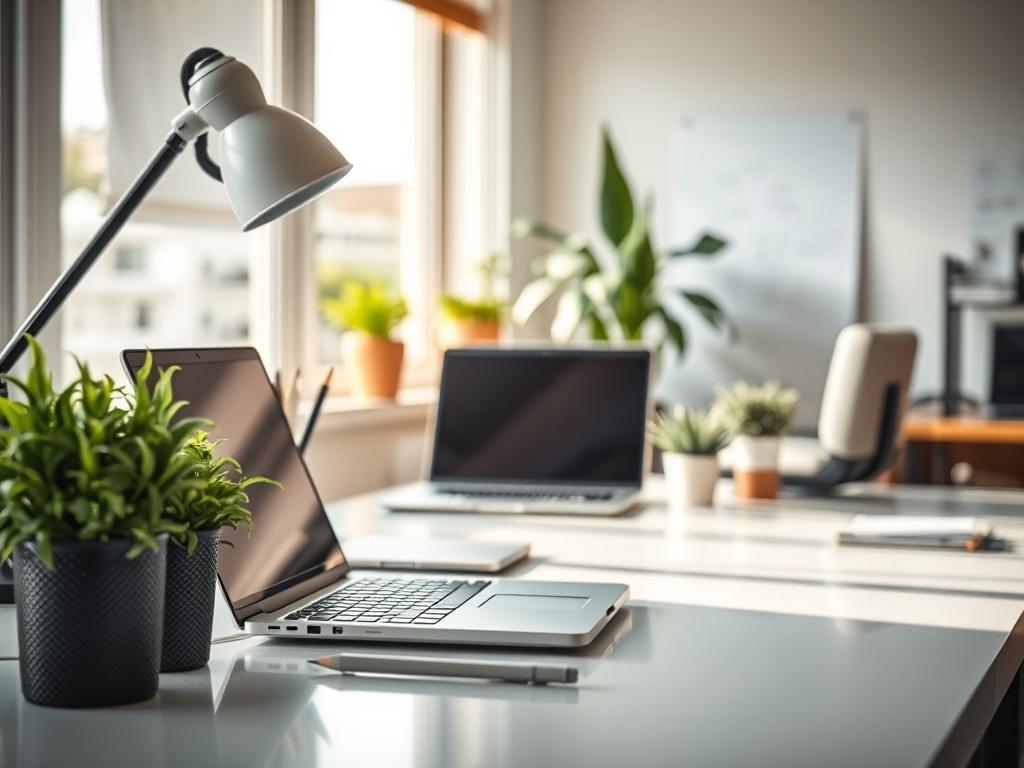 A close up shot of a sparkling clean office desk,