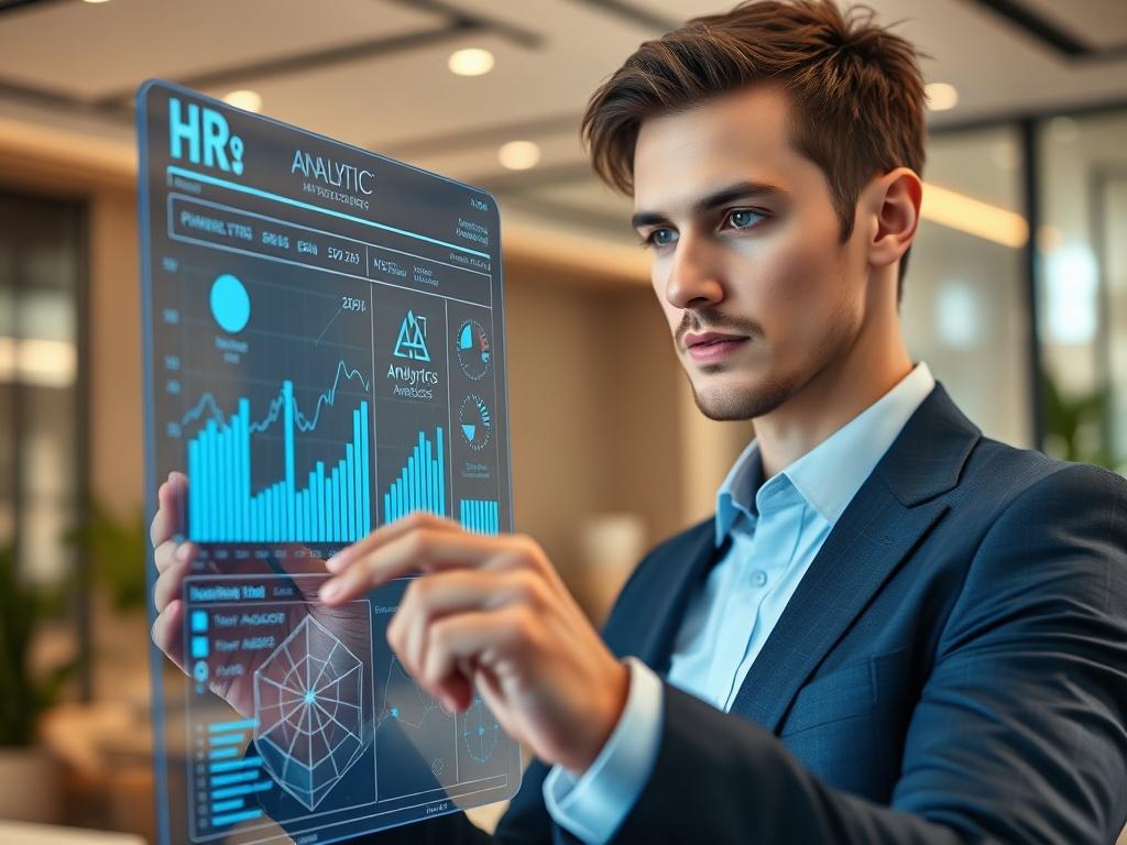A close-up shot of a professional-looking person interacting with a digital interface that displays HR analytics and AI data. The background should be a modern office with soft lighting to create a welcoming atmosphere. The person should be focused and engaged, showcasing the integration of technology and human interaction.