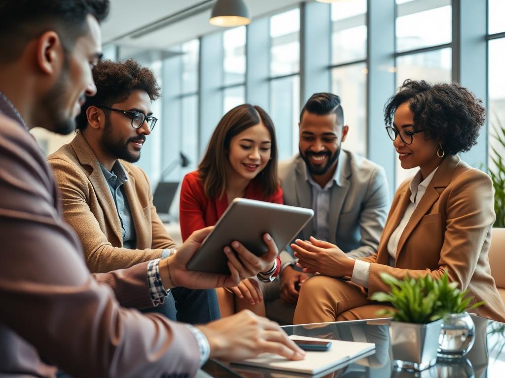 A close-up shot of a professional consulting session, focusing on a diverse team analyzing HR data on a digital tablet. The background is a modern office setting with sleek furniture and natural light, emphasizing innovation and collaboration. The image should capture the engagement and concentration of the team as they strategize on HR solutions using AI and digital tools.