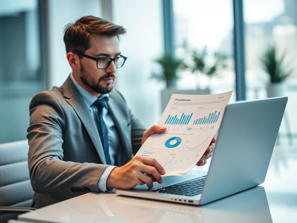 A focused close-up shot of a professional consultant reviewing compliance documents related to AI and HR technology governance. The consultant is seated at a sleek modern desk with a laptop open, showcasing charts and data analysis. The background is minimalistic, featuring a soft, blurred office environment that conveys a sense of professionalism and focus, with a color palette that includes shades of blue and white, emphasizing a digital and tech-savvy atmosphere.