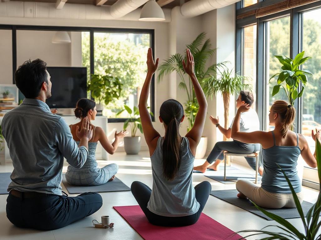 An office setting transformed into a wellness space, where employees engage in a yoga session led by an instructor. The atmosphere is calm, with natural light streaming in and plants surrounding the area. Employees demonstrate relaxation and focus, showcasing diversity and inclusivity. The composition highlights the integration of wellness into the corporate environment, emphasizing the importance of mental and physical health at work. Ensure the image conveys a sense of balance and well-being within a prof
