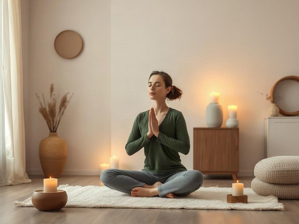 A tranquil setting with a single individual practicing breathing exercises in a relaxed pose, surrounded by soft lighting and calming decor. The scene should convey a sense of peace and mindfulness, with gentle colors and minimal distractions. The focus is on the individual's connection to their breath, showcasing the importance of breathing in achieving balance and well-being. Include subtle elements like candles or soft textures to enhance the soothing atmosphere.