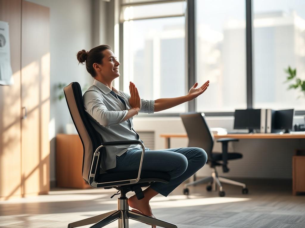 A professional office environment with a person performing chair yoga. The individual is seated, practicing gentle stretches with a relaxed expression. Natural light filters in through a window, highlighting a calm atmosphere. The background shows a tidy desk with minimal distractions, emphasizing focus and tranquility.