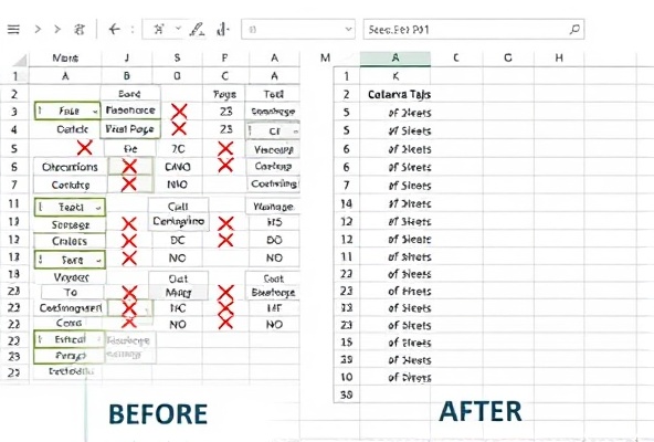 Before and after illustration of an organized Excel workbook structure.