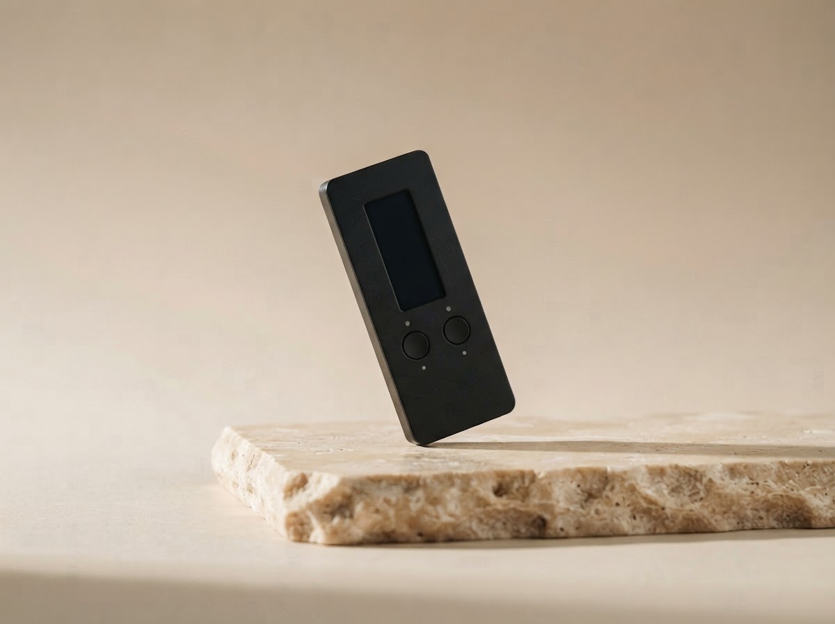 Black hardware wallet device with a small display on a warm stone plinth