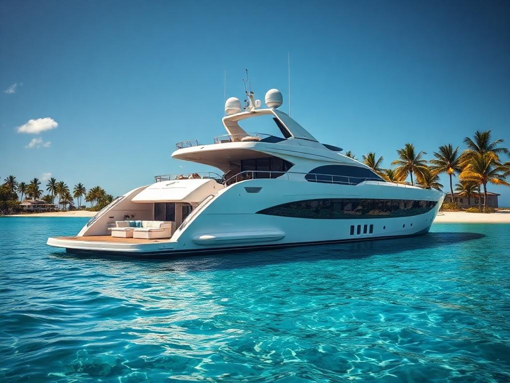 A stunning luxury yacht anchored in crystal-clear turquoise waters, with a bright blue sky reflecting on the surface. The yacht features a sleek design, with spacious decks and stylish furnishings. Palm trees line the beach in the background, creating a tropical paradise atmosphere. The image captures the elegance and sophistication of the yacht, inviting viewers to imagine themselves enjoying a lavish day on the water.