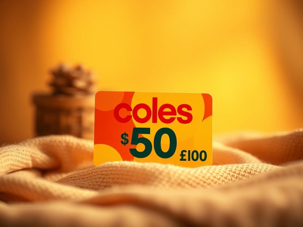A realistic high-resolution image of a Coles gift card, prominently displayed against a cozy, golden-hued background. The card should be the sole subject, showcasing its vibrant design and the $50 value clearly visible. Soft lighting should envelop the scene, creating a serene atmosphere that invites viewers to imagine their grocery shopping experience. The composition should be simple and clear, focusing entirely on the gift card itself.