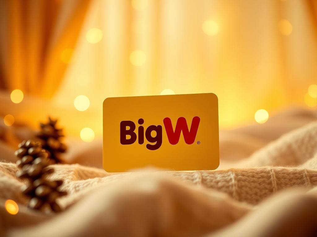 A realistic high-resolution photo of a Big W gift card, prominently displayed on a soft, cozy background with golden hues and warm lighting. The focus should be solely on the gift card, showcasing its design, while the background remains serene and inviting, enhancing the appeal of the card.