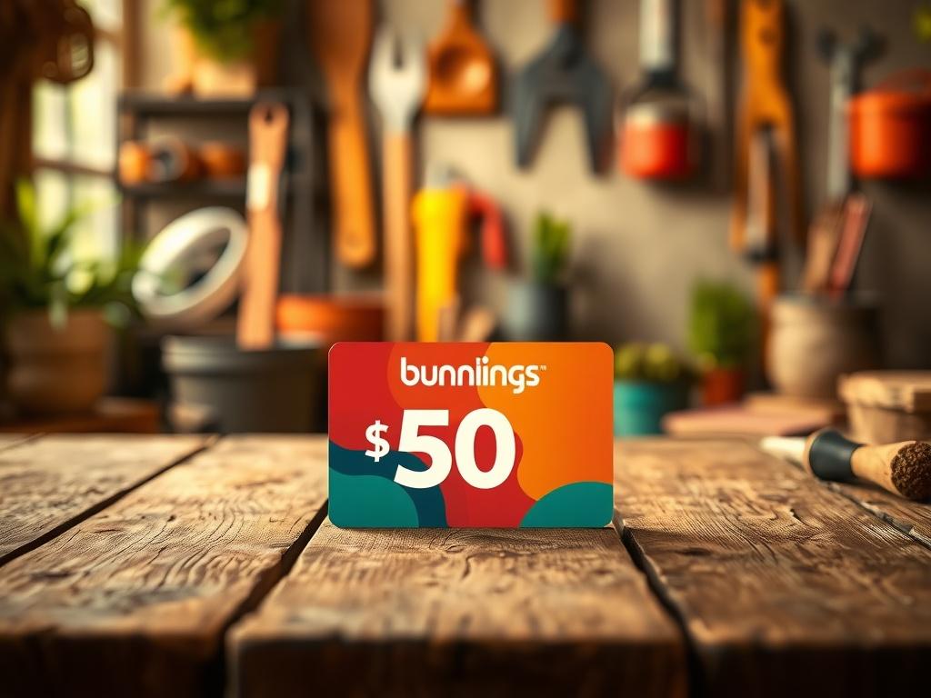 A realistic high-resolution photo of a $50 Bunnings gift card placed on a rustic wooden table. The background features a cozy, softly lit home improvement setting with tools and gardening supplies subtly blurred, creating a serene atmosphere. The card should be the focal point of the image, showcasing its vibrant colors and design.