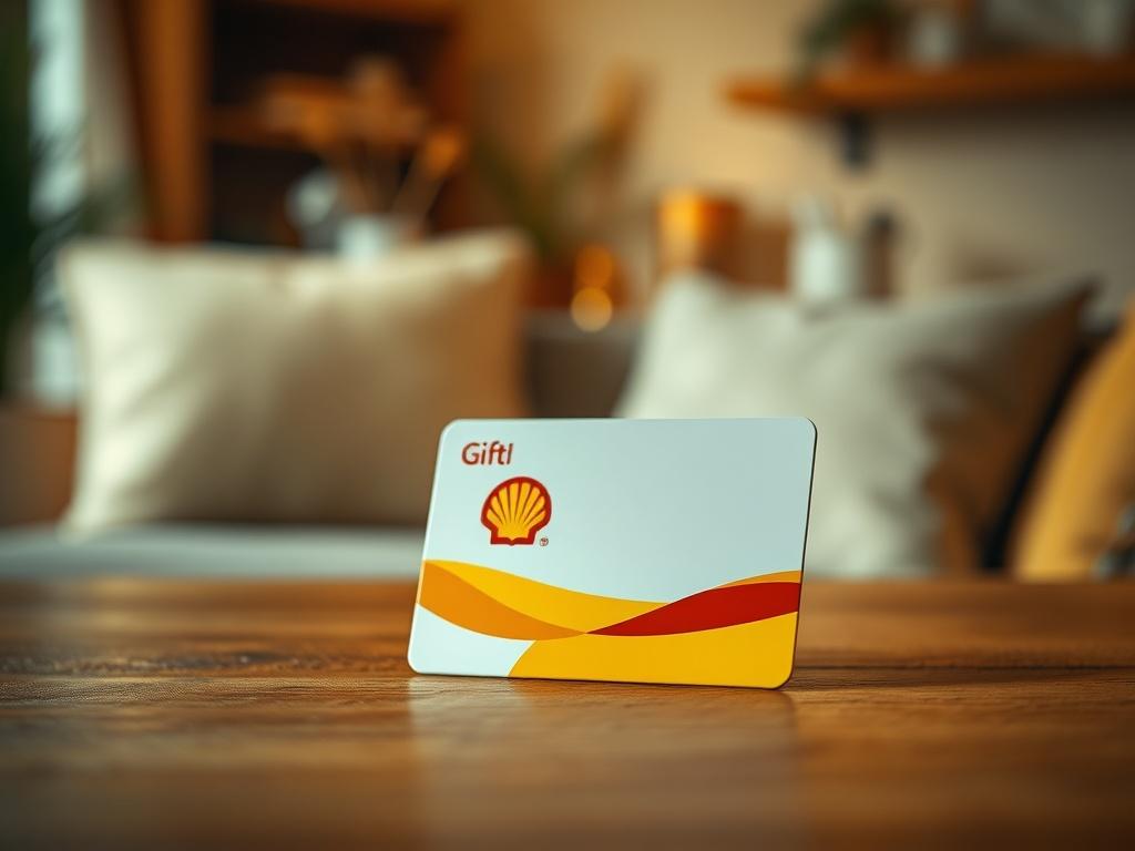 A realistic high-resolution photo of a Shell gift card resting on a cozy wooden table. The card should be prominently displayed, with soft golden hues and serene lighting enhancing the atmosphere. The background should be blurred, featuring a warm, inviting setting that evokes a sense of comfort and convenience.