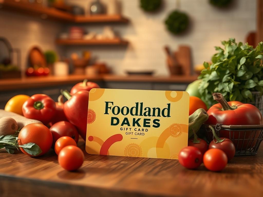 A high-resolution image of a Foodland Drakes gift card, elegantly displayed on a wooden kitchen table. The card should have a vibrant design with warm golden hues, surrounded by fresh fruits and vegetables to emphasize grocery shopping. Soft lighting should enhance the serene atmosphere, creating a cozy and inviting feel.