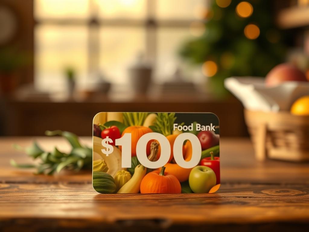 A high-resolution photo of a $100 Food Bank gift card placed on a wooden table. The card should have a warm, inviting design, featuring images of fresh fruits and vegetables. The background should be softly blurred, with cozy golden hues and soft lighting to create a serene atmosphere.