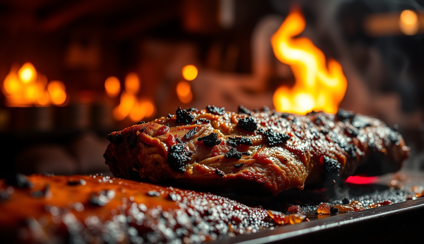 Smoked brisket with fire