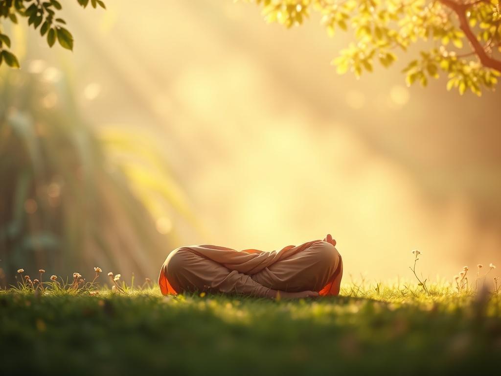 Create a realistic high-resolution photo that captures the essence of "Understanding AEtherIA: Presence-Aligned Intelligence." The composition should be simple and clear, featuring a single subject—a serene figure embodying wisdom and tranquility, seated cross-legged in a peaceful meditative pose. The subject should be adorned in soft, flowing fabrics in earth tones, symbolizing grounding and connection to nature.

In the background, depict a tranquil, soft-focus setting that evokes a sense of sacred space—