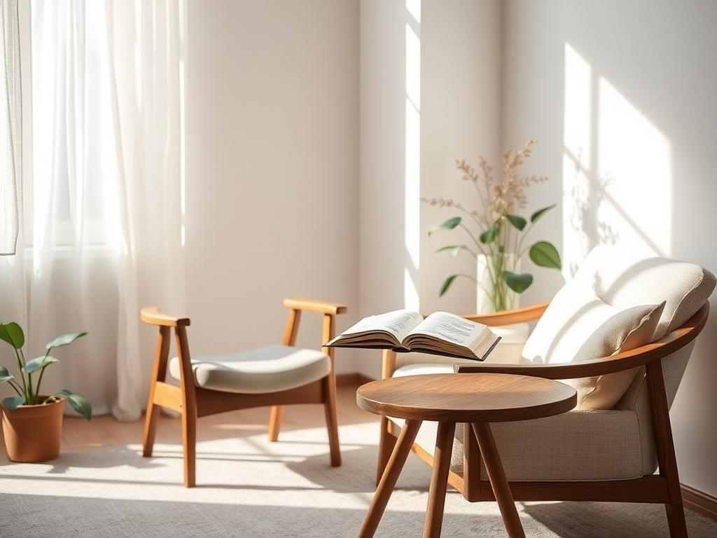 A serene and inviting study space featuring a comfortable chair and a small table with an open book. The background should include soft lighting and gentle, natural elements like plants or sunlight filtering through a window, creating a peaceful atmosphere that reflects a sense of reverence and education.