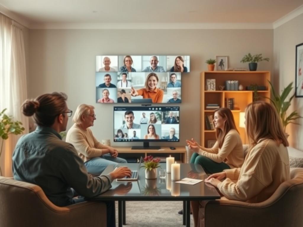 A cozy virtual meeting space with diverse individuals engaging in a discussion, with digital tools on screens enhancing communication, amidst a warm and inviting environment with soft lighting and peaceful decor.