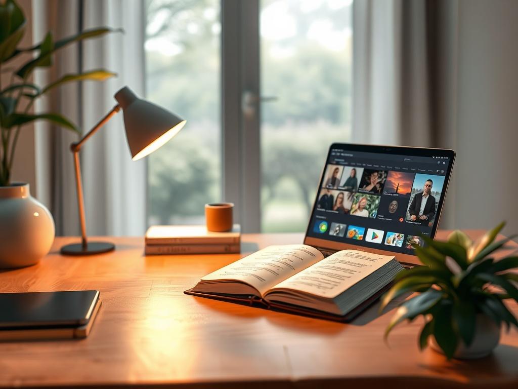 A serene and inviting workspace with a warm wooden desk, a soft light illuminating an open book with spiritual symbols, a laptop displaying multimedia content, and a peaceful background of nature through a window, creating a calming atmosphere.