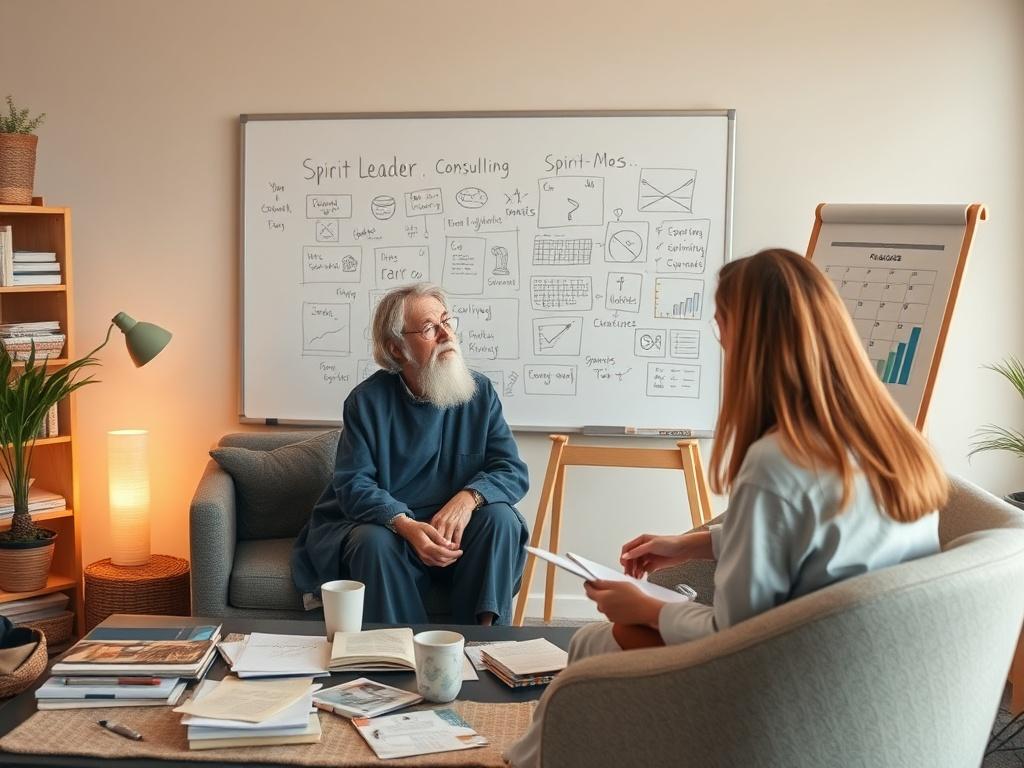 A thoughtful consulting session with a spiritual leader and a consultant discussing project ideas, surrounded by inspirational materials, notes, and a whiteboard filled with creative concepts in a warm, inviting room.