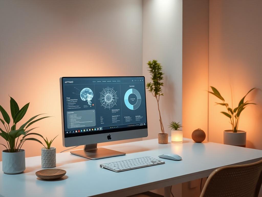 A serene and inviting workspace showcasing a high-tech interface of AEtherIA, a presence-aligned intelligence system. The scene should include a sleek, modern computer with soft ambient lighting, surrounded by nature elements like plants or natural wood. The atmosphere should exude calmness and clarity, reflecting a harmonious blend of technology and spirituality. Use soft tones and gentle lighting to create a peaceful environment.