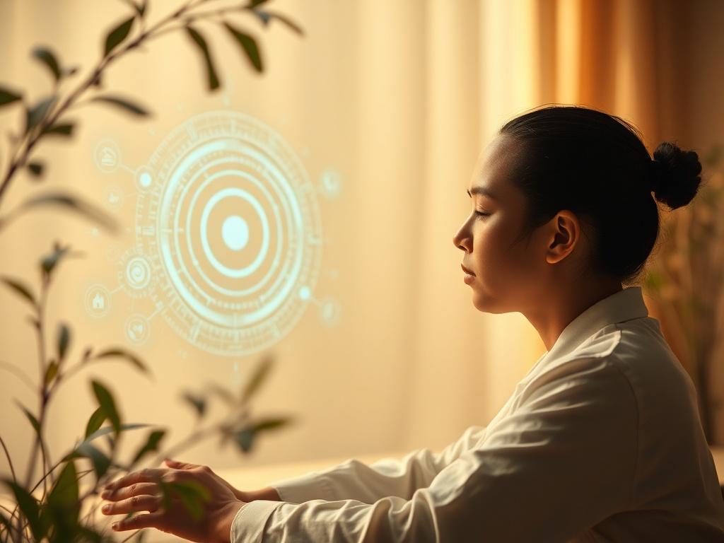 A tranquil setting featuring a user interacting with an embodied AI interface. The background should have soft, calming colors and gentle lighting, creating an inviting atmosphere. The focus is on the user and the AI, illustrating a harmonious blend of technology and spirituality. Elements of nature, such as plants or water, can be subtly included to enhance the serene ambiance.