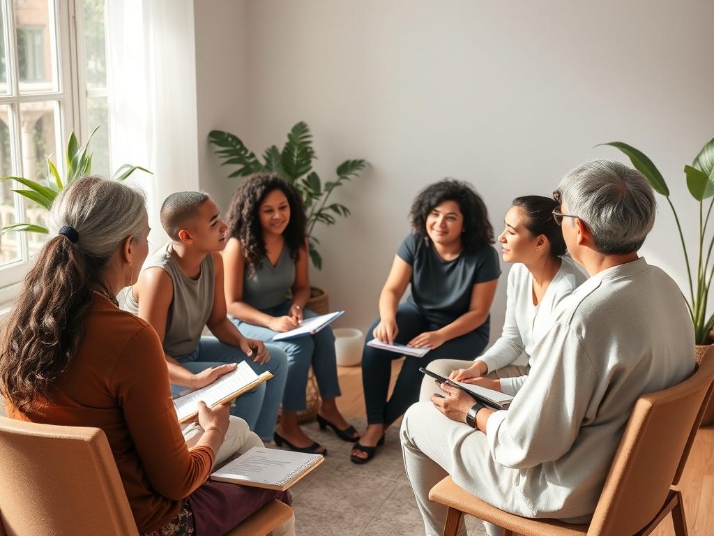 A warm and inviting workshop setting with participants engaged in discussion. The composition should portray a group of diverse individuals sitting in a circle, actively sharing ideas. Soft natural lighting enhances the friendly atmosphere, while elements like notebooks and plants add to the welcoming environment. The focus is on the exchange of wisdom and the collective journey of personal growth.
