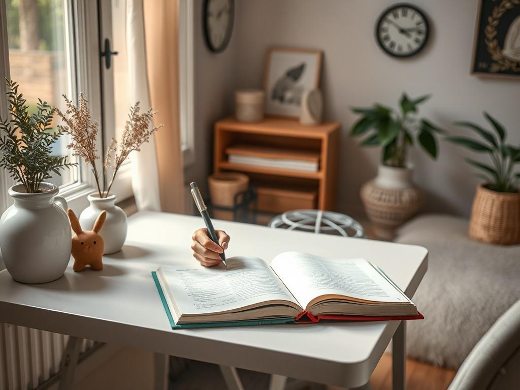 A peaceful workspace featuring a person writing in a workbook, surrounded by calming decor and natural light, creating a serene atmosphere conducive to focused thought.