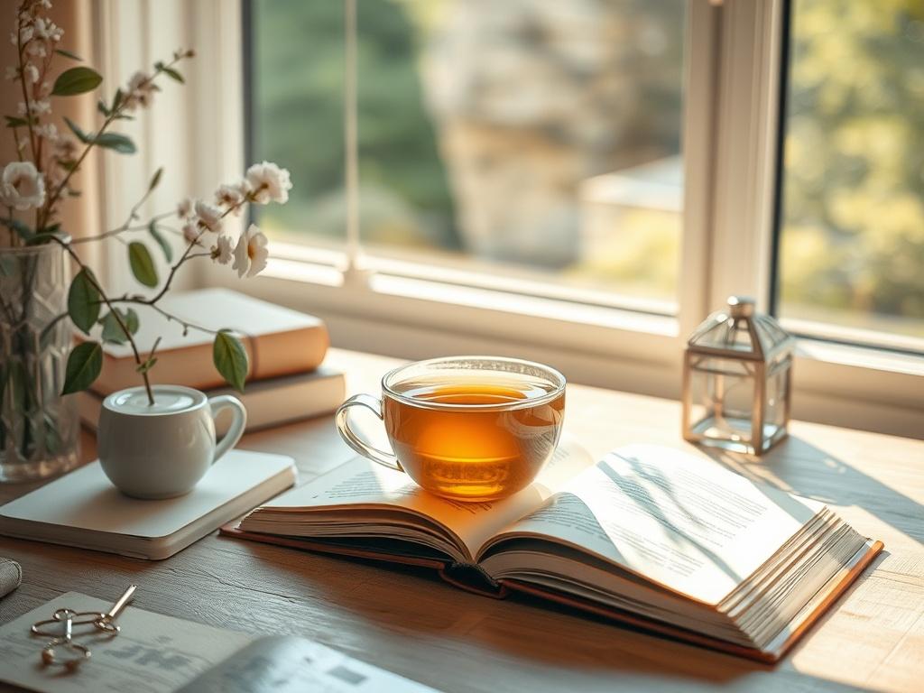 A serene workspace with an open book and a warm cup of tea, surrounded by soft natural light streaming through a window. The setting should feel inviting and calm, reflecting a peaceful atmosphere that encourages contemplation and learning.