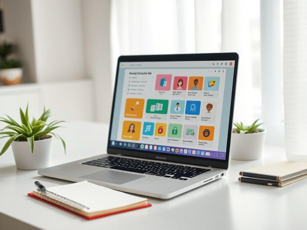 A modern workspace showcasing a laptop with an educational software interface open, alongside a notepad and a plant. The environment should be bright and organized, instilling a sense of focus and creativity, suitable for educational pursuits.