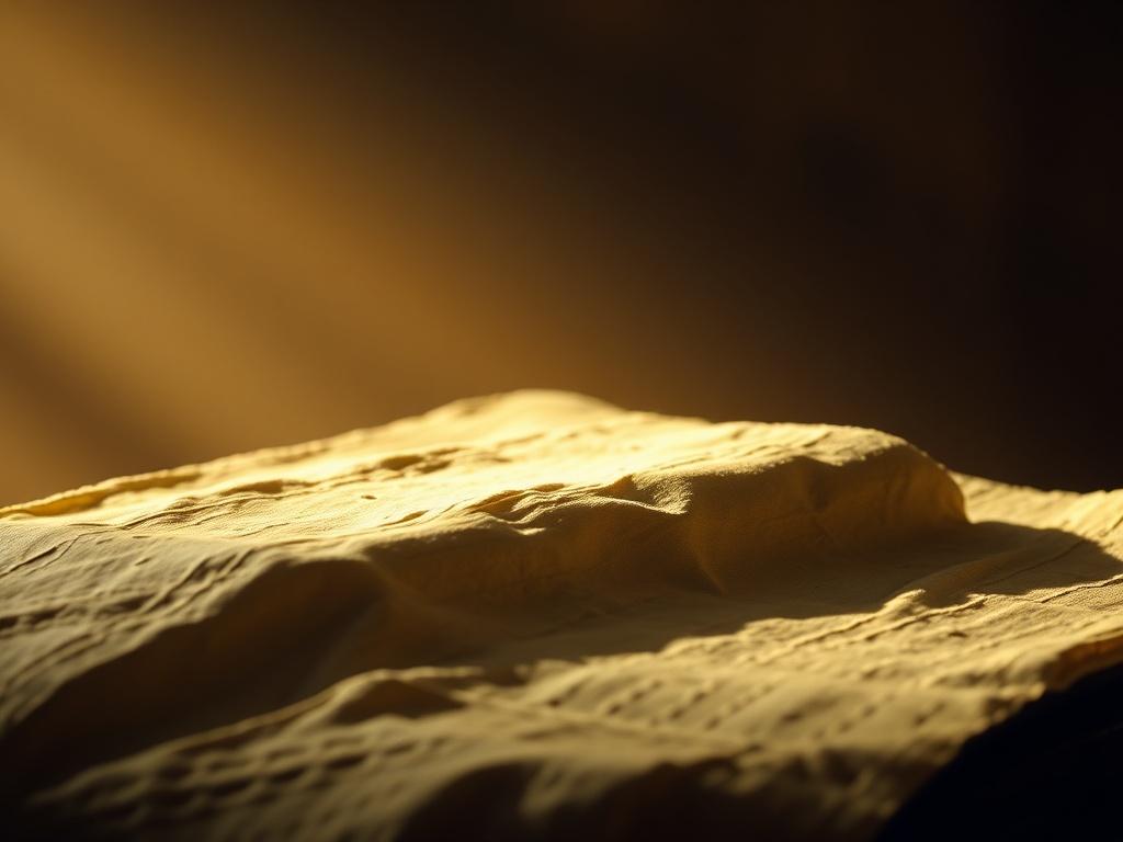 A still from the documentary featuring the Shroud of Turin, artistically lit to emphasize its texture and details. The background should be softly blurred to focus on the Shroud, evoking a sense of mystery and reverence.