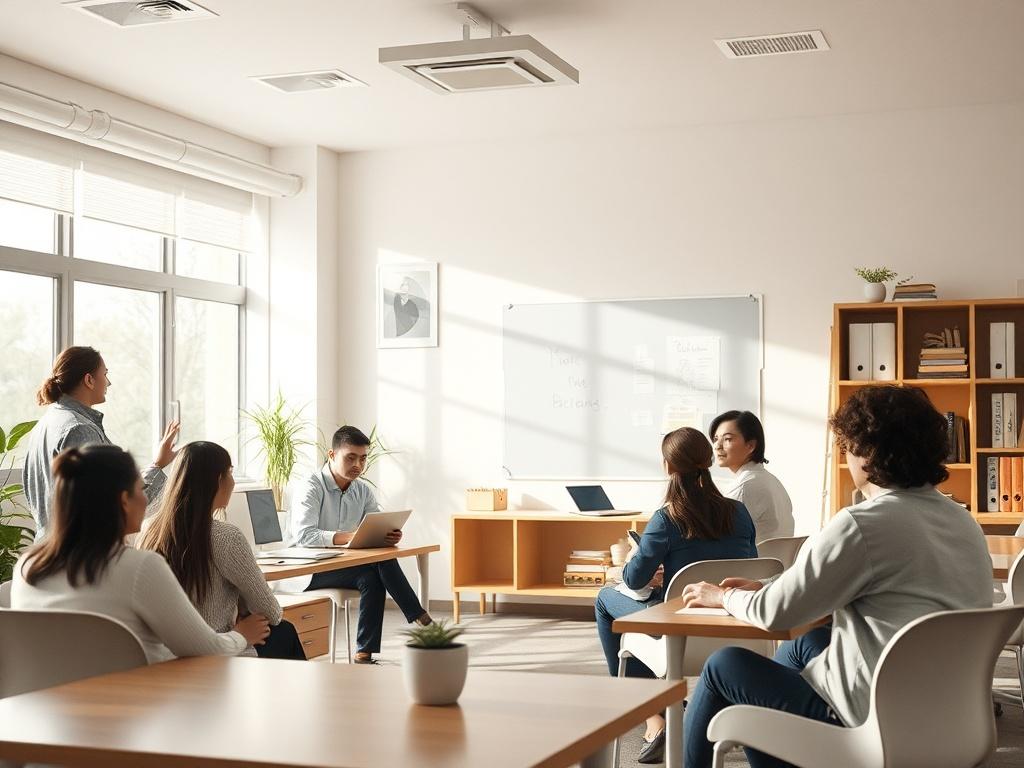 A serene and inviting educational environment with a teacher and students engaged in a discussion, soft natural lighting, gentle colors, and a calm atmosphere.