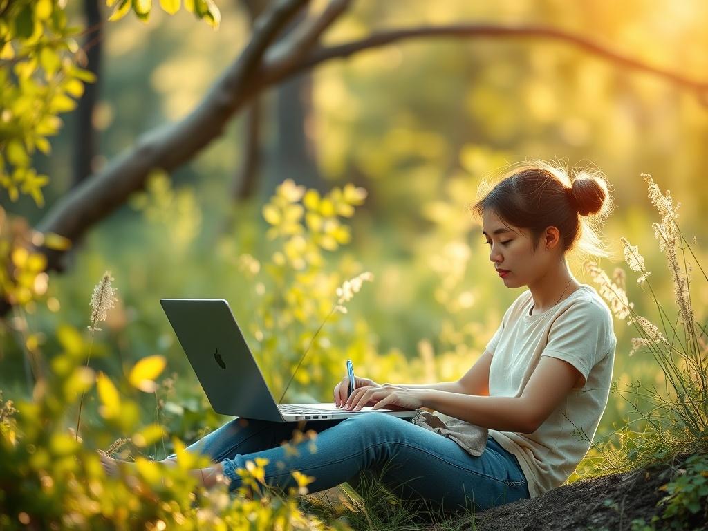 A person working on a laptop, surrounded by nature, symbolizing the integration of technology and the natural world. The scene conveys balance and mindfulness, emphasizing ethical tech use.