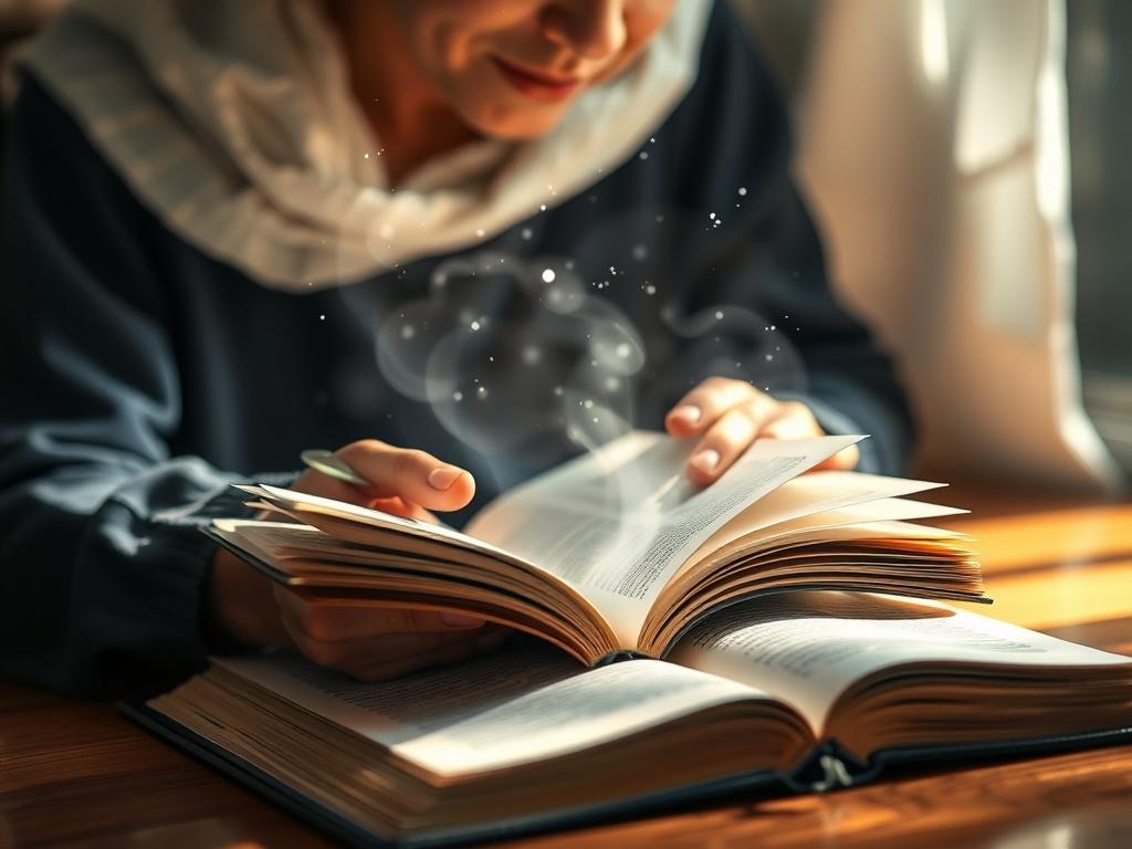 An open book with ethereal light shining from its pages, symbolizing the power of language. A person is thoughtfully engaged in reading, surrounded by a peaceful environment that reflects clarity and understanding.