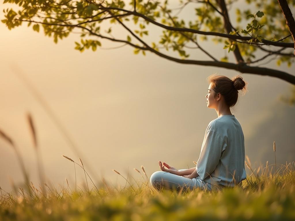 A serene setting with a person sitting peacefully in nature, embodying calm and focus. Soft tones and gentle lighting create a tranquil atmosphere, emphasizing the theme of presence and mindfulness.