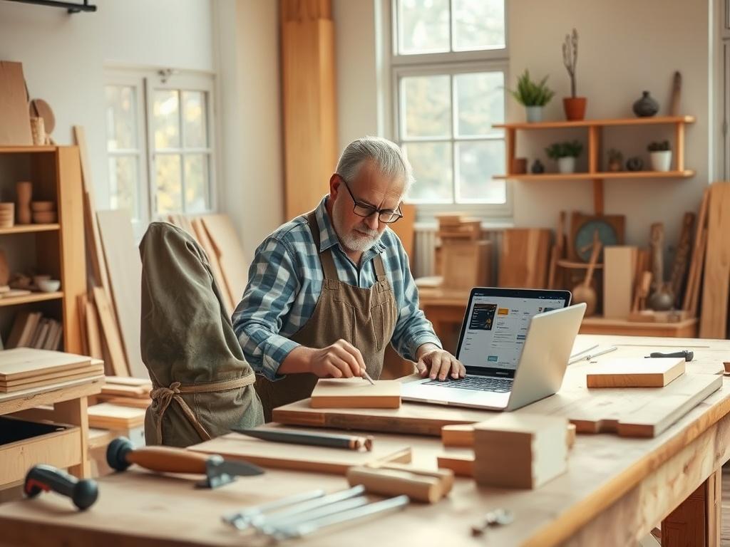 Create a realistic high-resolution photo that depicts a skilled carpenter at work in a serene, warmly lit workshop setting. The carpenter, a middle-aged man with a focused expression, is standing at a wooden workbench, surrounded by various tools such as chisels, saws, and a laptop showcasing a user-friendly CRM interface powered by AI tools. The carpenter is intently measuring and adjusting wooden pieces that represent the building blocks of his custom CRM. 

In the background, soft rays of natural light f