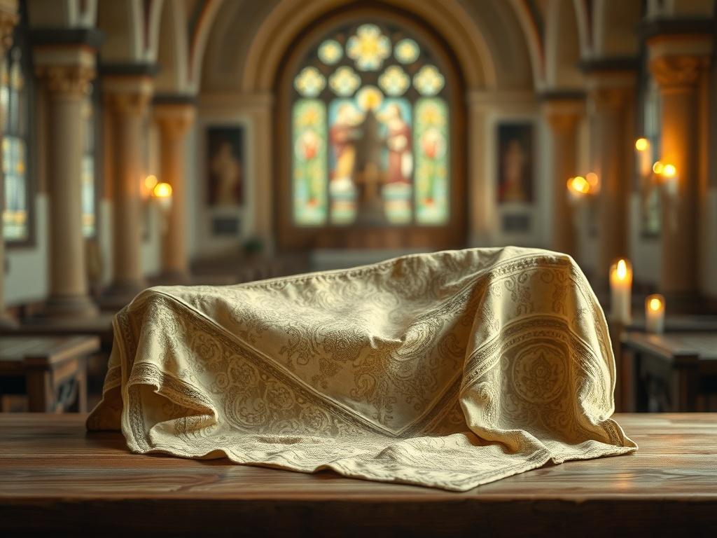 Create a realistic high-resolution photo featuring a single, intricately detailed representation of the Shroud of Turin. The Shroud should be displayed as the central subject, gently illuminated by soft, warm lighting to emphasize its texture and intricate patterns. Position the Shroud draped over a simple wooden table, evoking an atmosphere of reverence and contemplation. 

In the background, incorporate subtle elements that suggest an ancient church interior or a serene sanctuary—perhaps soft-focus images