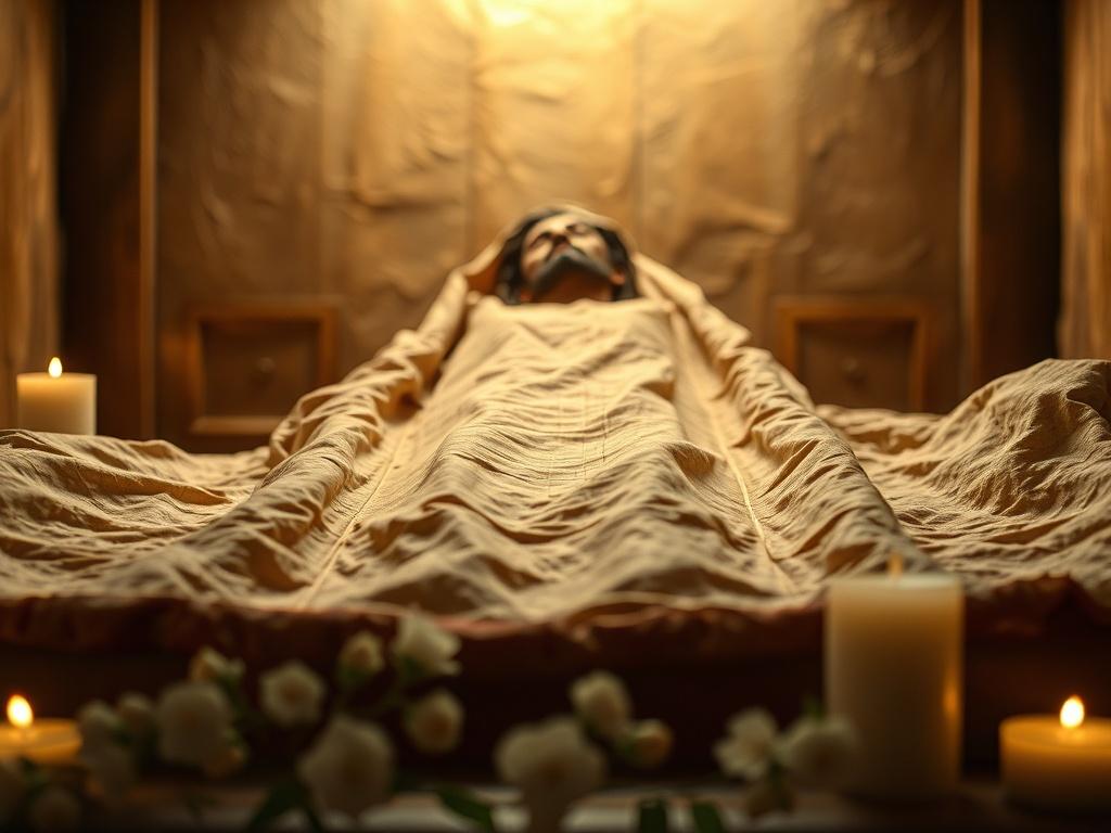 Create a realistic high-resolution photo that captures the essence of the blog titled "Exploring the Shroud of Turin: A Deep Dive." Focus on a single, well-lit subject: the Shroud of Turin itself, carefully displayed in a serene setting. The Shroud should be presented as a close-up image, highlighting its intricate details, including the faint image of a man believed to be Jesus, the subtle textures of the fabric, and the historical context it embodies.

Set the scene in a softly lit, peaceful environment. 