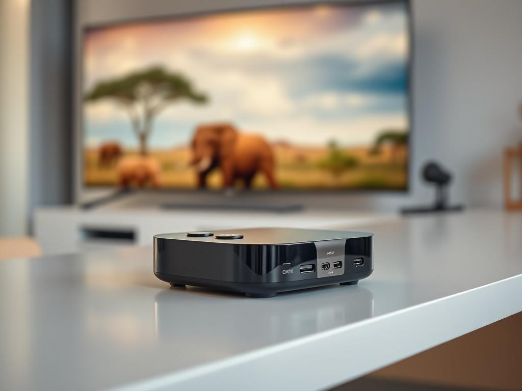 A close up shot of a modern streaming device prominently