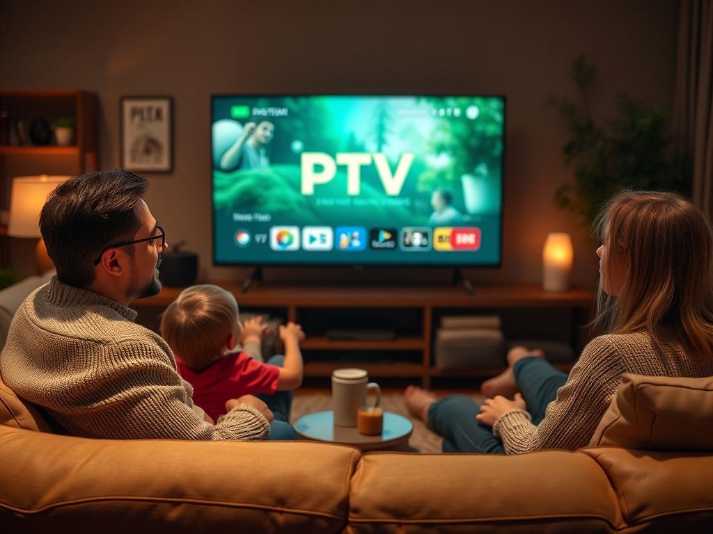 A cozy living room setup with a large TV displaying