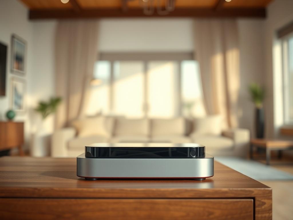 A close up shot of a sleek, modern streaming device