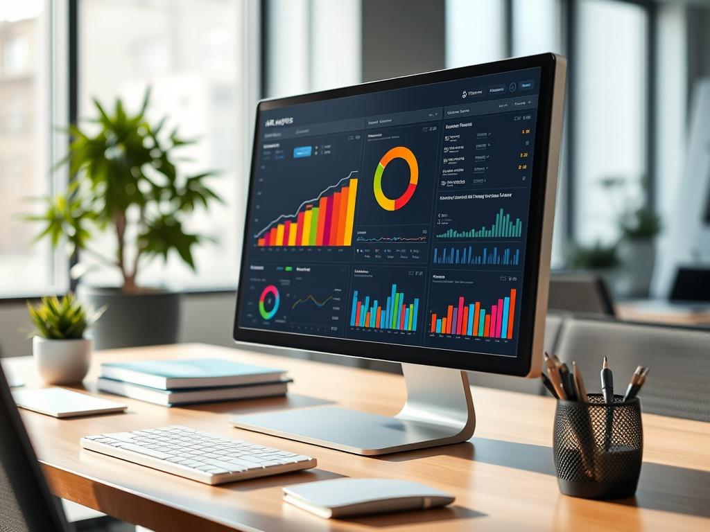 A realistic high-resolution close-up shot of a computer screen displaying a colorful HR Analytics Dashboard, with various charts and graphs. The setting should have a modern office background, featuring a sleek desk and soft natural lighting, emphasizing the dashboard's visual appeal and functionality. The image should reflect the primary color rgb(50, 170, 39).