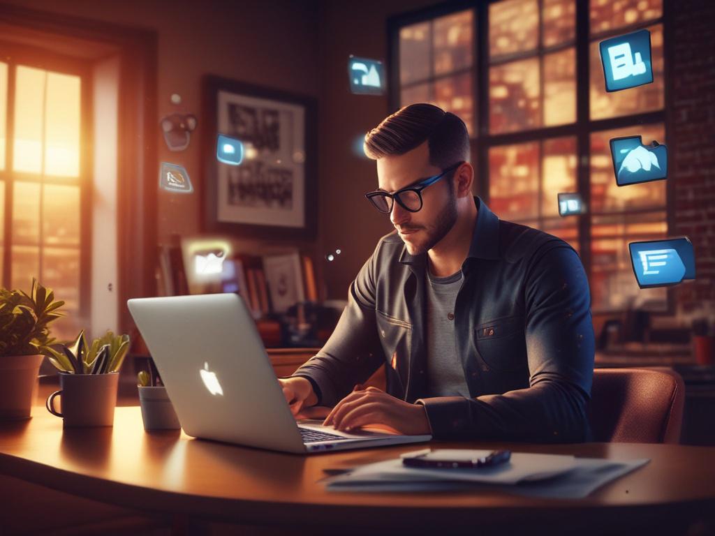 A digital marketer working on a laptop in a cozy