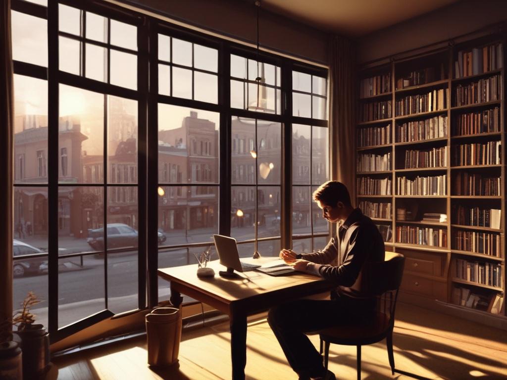 A creative writer in a cozy café, with a notebook