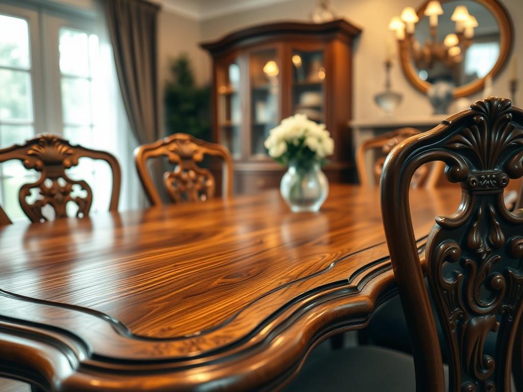 A close-up shot of an Antique Oak Dining Table, showcasing the intricate carvings and rich wood finish. The table is set in a well-lit dining room with a warm ambiance. The focus is on the table, highlighting its craftsmanship and inviting appearance, while the background is softly blurred to emphasize the subject.